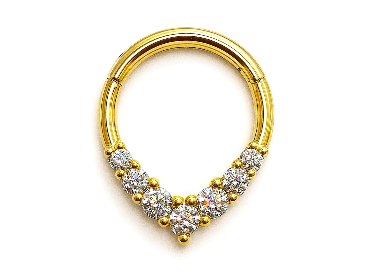 14K Gold Clicker hoop ring V-shape Segment Hinged Ring for Septum, Daith, Cartilage 16G Body Jewellery with Gemstones - Diameter size 8mm