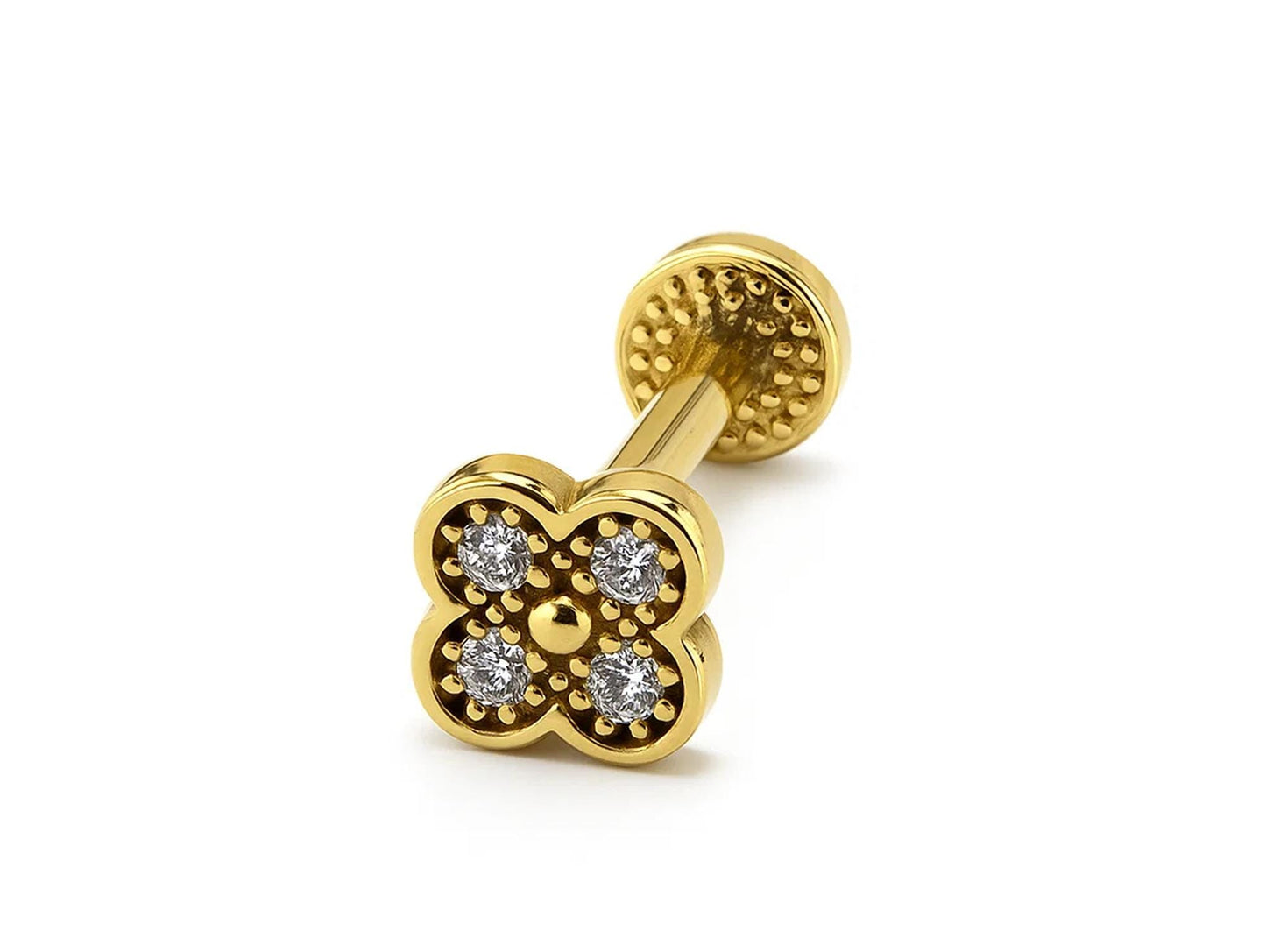 14K Gold Flower 16G Labret Stud Lip Piercing with Gemstones Philtrum, Tragus, Helix, Cartilage Body Jewellery Internally Threaded