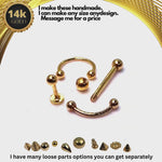 14K Solid Gold 14G Curved Barbell Piercing - Body Piercing for Eyebrow, Lip Studs, Rook Jewelry - Custom Ball Sizes Combination