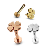 14K Gold Clover Leaf Tragus Earrings, Labret Stud, Helix Cartilage Piercings - Internally Threading Body Jewellery Ear Piercing