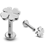 14K White Gold Clover Leaf Tragus Earring, Labret Stud, Helix Cartilage Piercing - Internally Threading Body Jewellery Ear Piercing