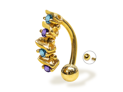 14K Solid Gold Reverse Belly Button Ring - Inverted Belly Ring, Belly Bar, Navel Jewellery with Moving joints parts and Precious Stones