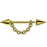 Gold Cone / Spike Nose Bridge Barbell Upper Nose Piercing with Steel Chain - 18G 16G 14G Straight Barbell - Choose Spike and Cone Size