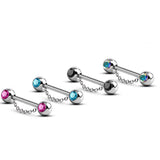 Nipple Barbell Front Gem CZ Crystal with Piercing Chain  - Titanium Nipple Jewelry Studs 16g 14g Nipple Shield - Externally Threaded