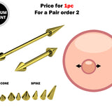 Titanium Gold Cone / Spike Nipple Barbell, Nipple Jewelry Studs 16g 14g Nipple Piercing - Straight Barbell Externally Threaded