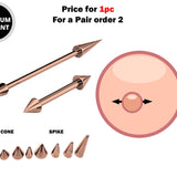 Titanium Rose Gold Spike Nipple Barbell, Nipple Jewelry Studs 16g 14g Nipple Piercing - Cone / Spike Straight Barbell Externally Threaded