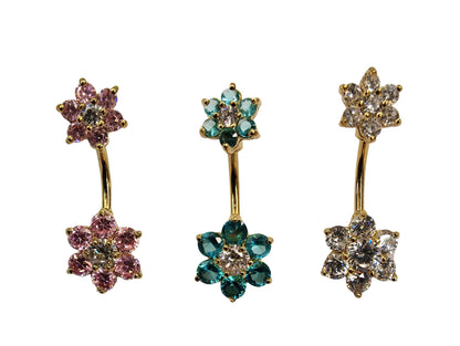 Double Flower Belly Ring, Navel Ring - Silver Gold Plated Belly Bar Crystal Body Jewellery - 14G - Length is 10mm