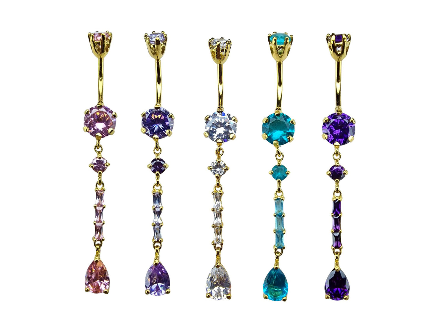 Long Dangly Belly Button Ring, Round Silver Belly Bar with Crystal Hand Set - Gold Plated Belly Piercing - 14G length is 10mm