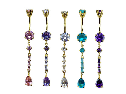 Long Dangly Belly Button Ring, Round Silver Belly Bar with Crystal Hand Set - Gold Plated Belly Piercing - 14G length is 10mm
