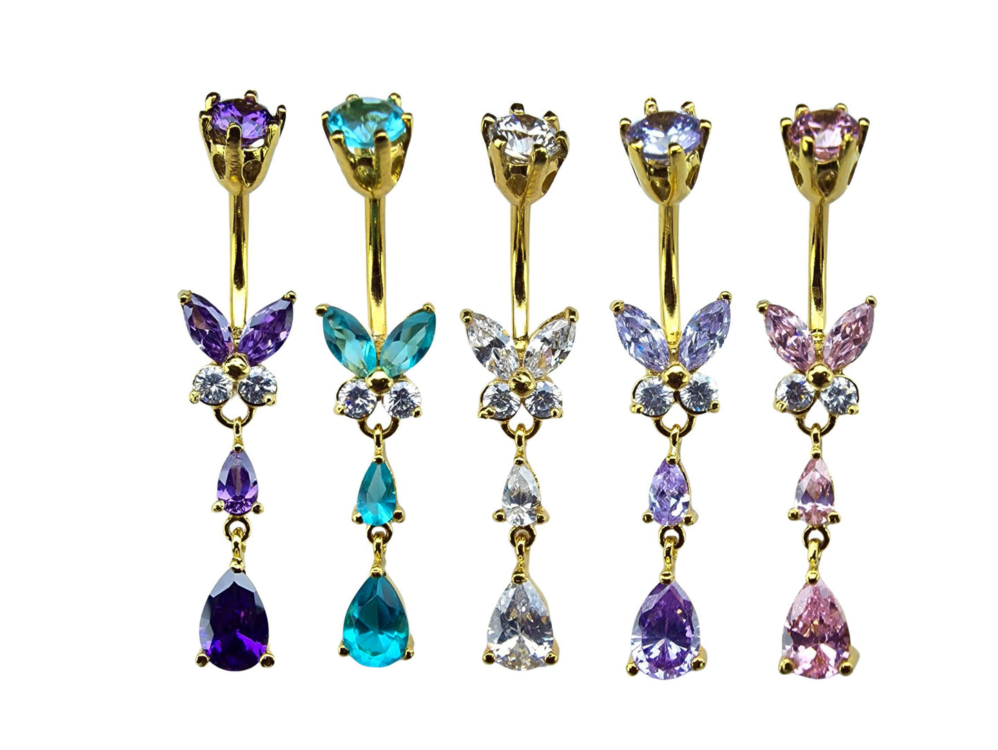 Butterfly Drop Silver Belly Ring - Gold Plated Belly Bars with CZ Crystals - Tear Drop Navel Piercing 14G length is 10mm