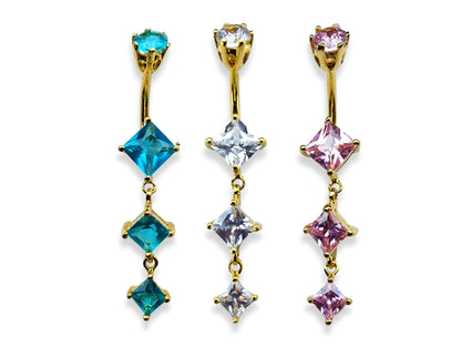 Silver Gold Plated Belly Bar - Dangle Belly Rings with CZ Crystals - 14G length 10mm