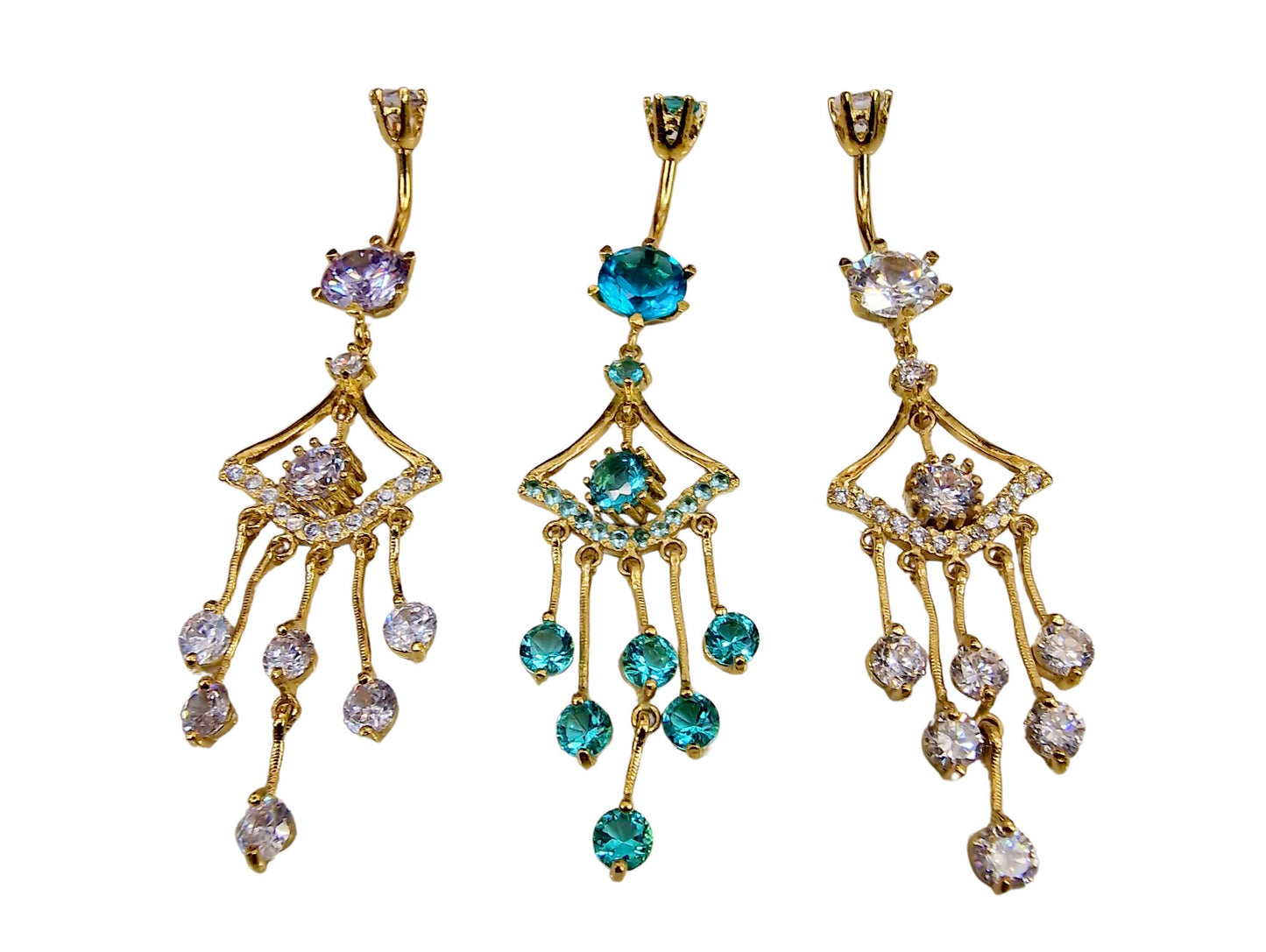 Gold Plated Long Dangle Belly Button Ring, Silver Belly Bars with CZ Crystals Sets - 14G Length is 10mm