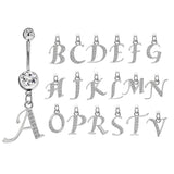 Initial Dangle Belly Button Rings with CZ Crystals in Silver Letters A to Z