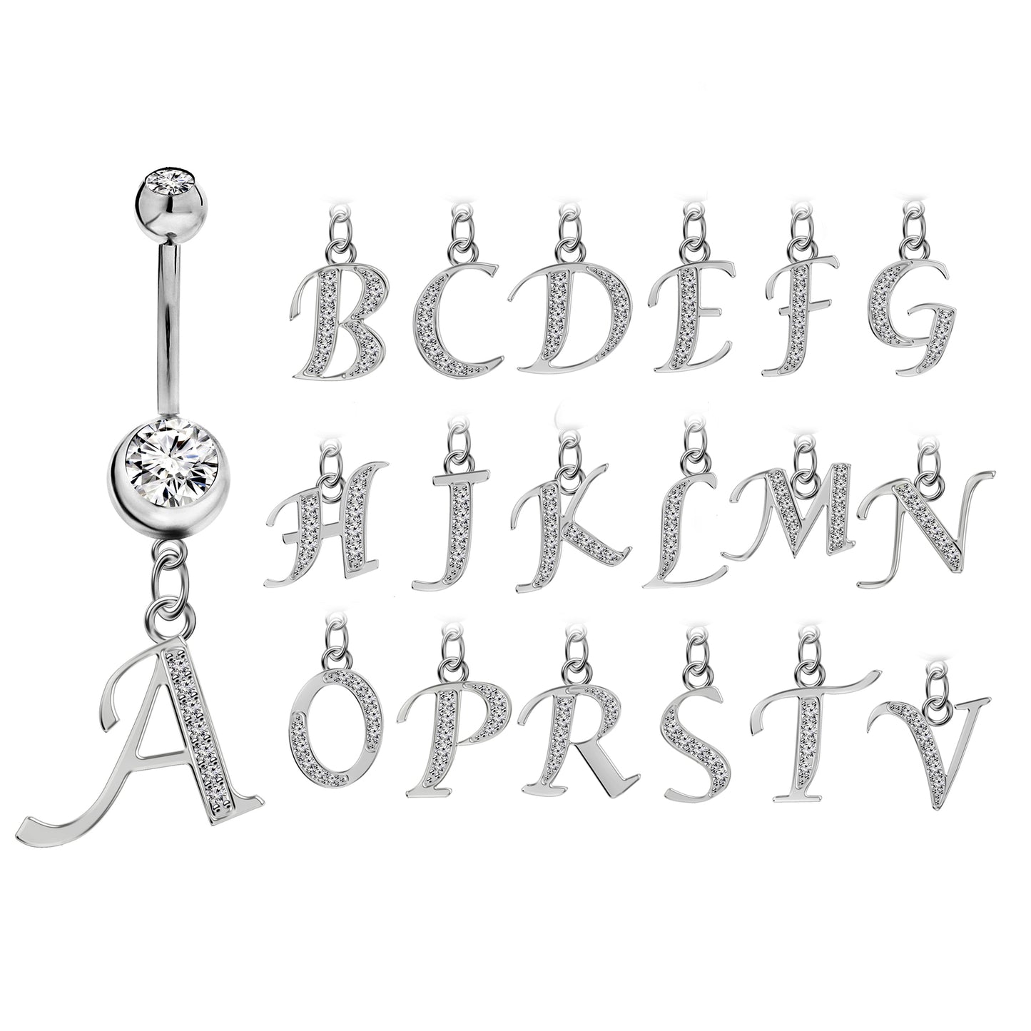 Initial Dangle Belly Button Rings with CZ Crystals in Silver Letters A to Z