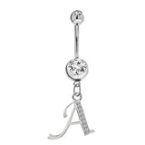 Initial Dangle Belly Button Rings with CZ Crystals in Silver Letters A to Z