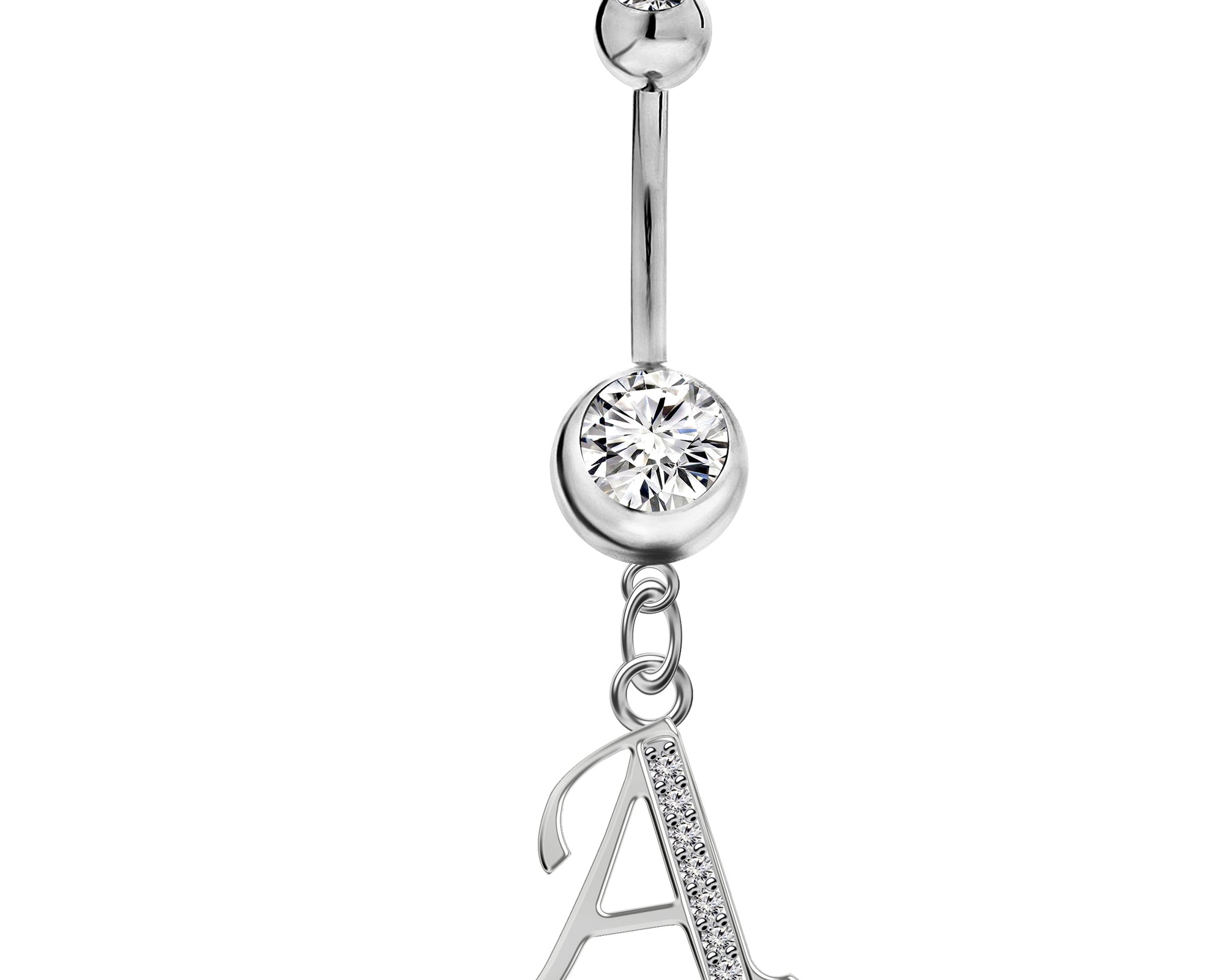 Initial Dangle Belly Button Rings with CZ Crystals in Silver Letters A to Z