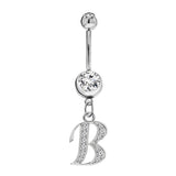 Initial Dangle Belly Button Rings with CZ Crystals in Silver Letters A to Z