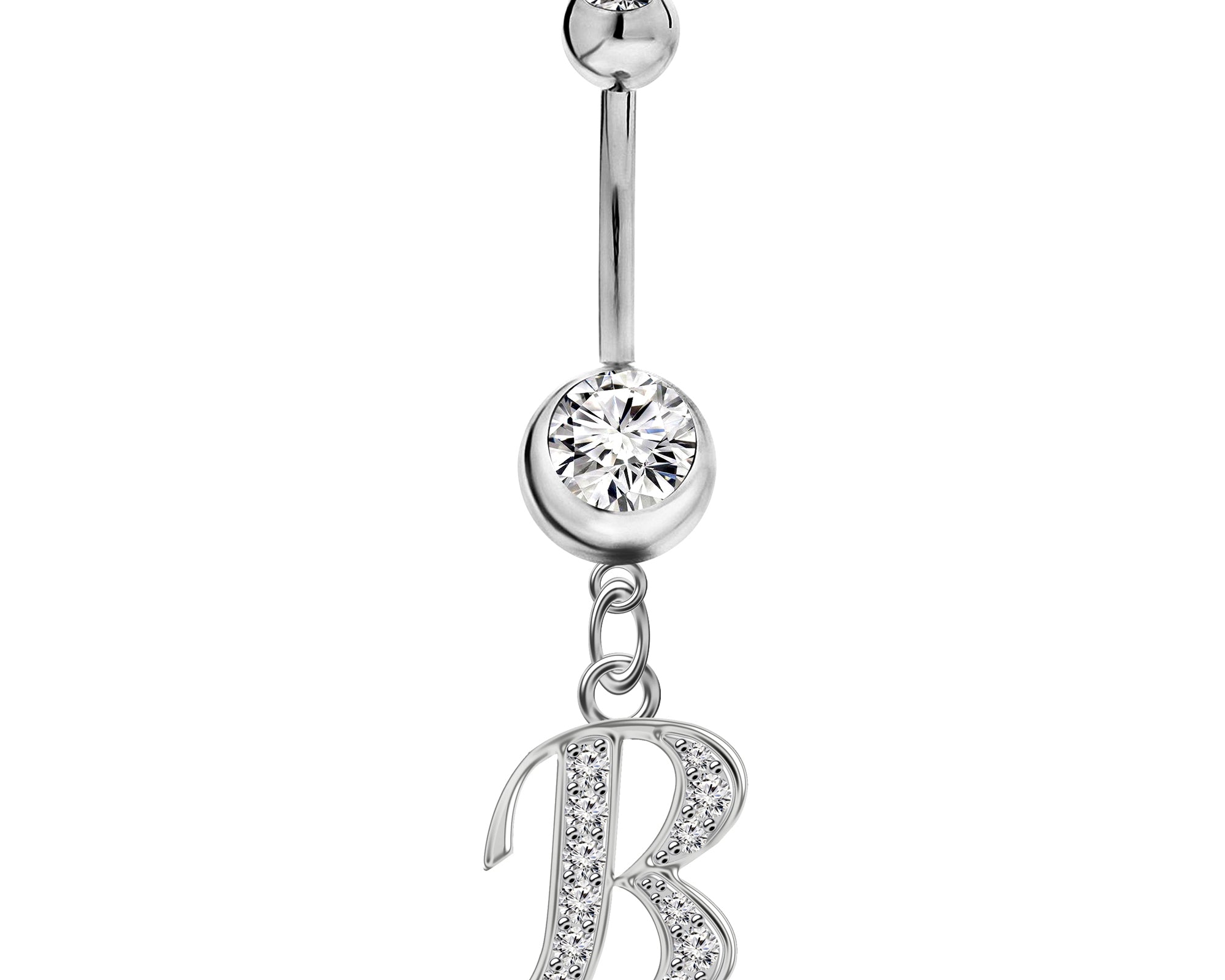 Initial Dangle Belly Button Rings with CZ Crystals in Silver Letters A to Z