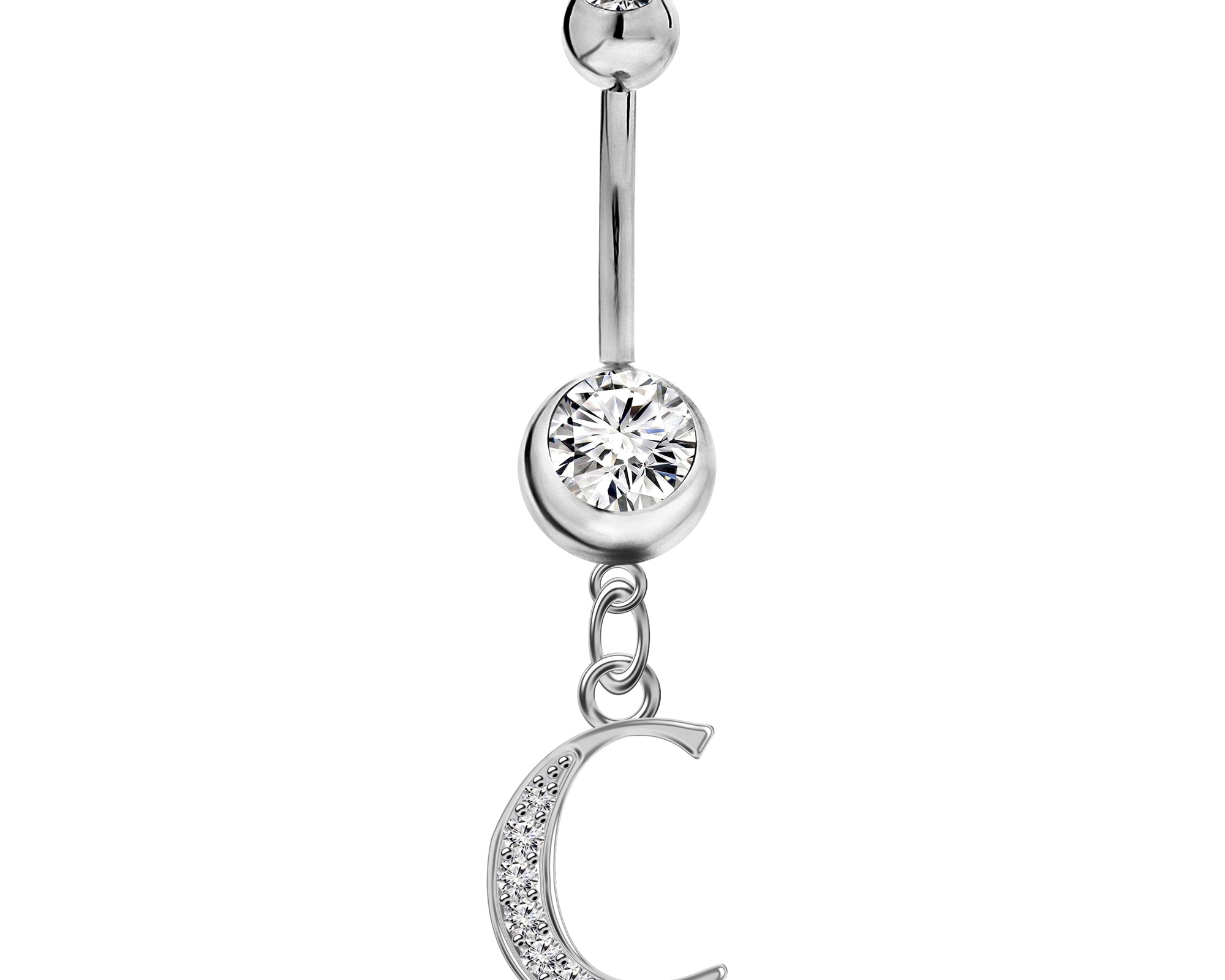 Initial Dangle Belly Button Rings with CZ Crystals in Silver Letters A to Z