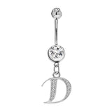 Initial Dangle Belly Button Rings with CZ Crystals in Silver Letters A to Z