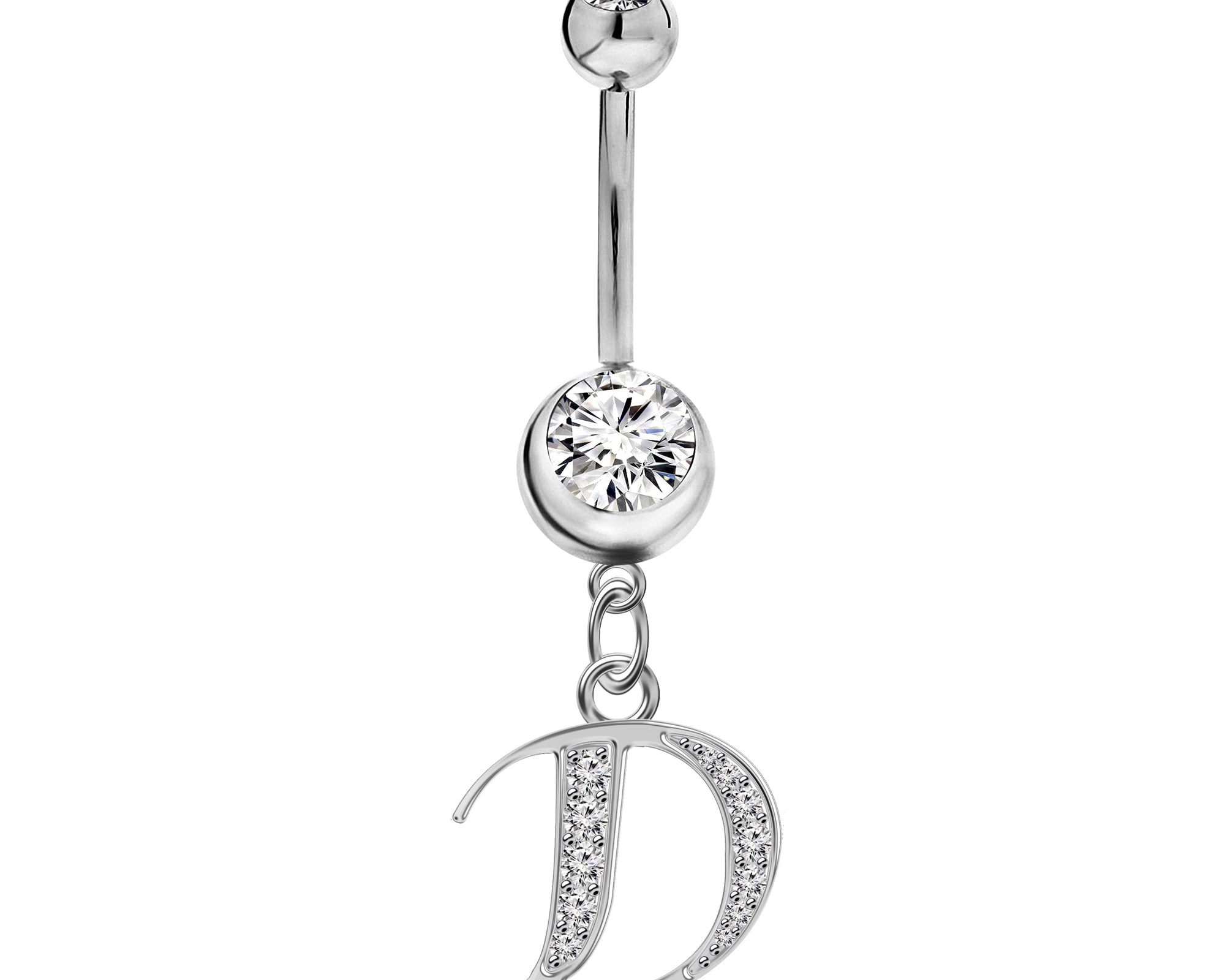 Initial Dangle Belly Button Rings with CZ Crystals in Silver Letters A to Z