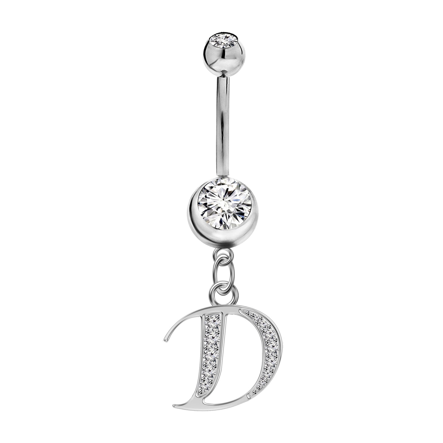 Initial Dangle Belly Button Rings with CZ Crystals in Silver Letters A to Z