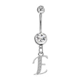 Initial Dangle Belly Button Rings with CZ Crystals in Silver Letters A to Z