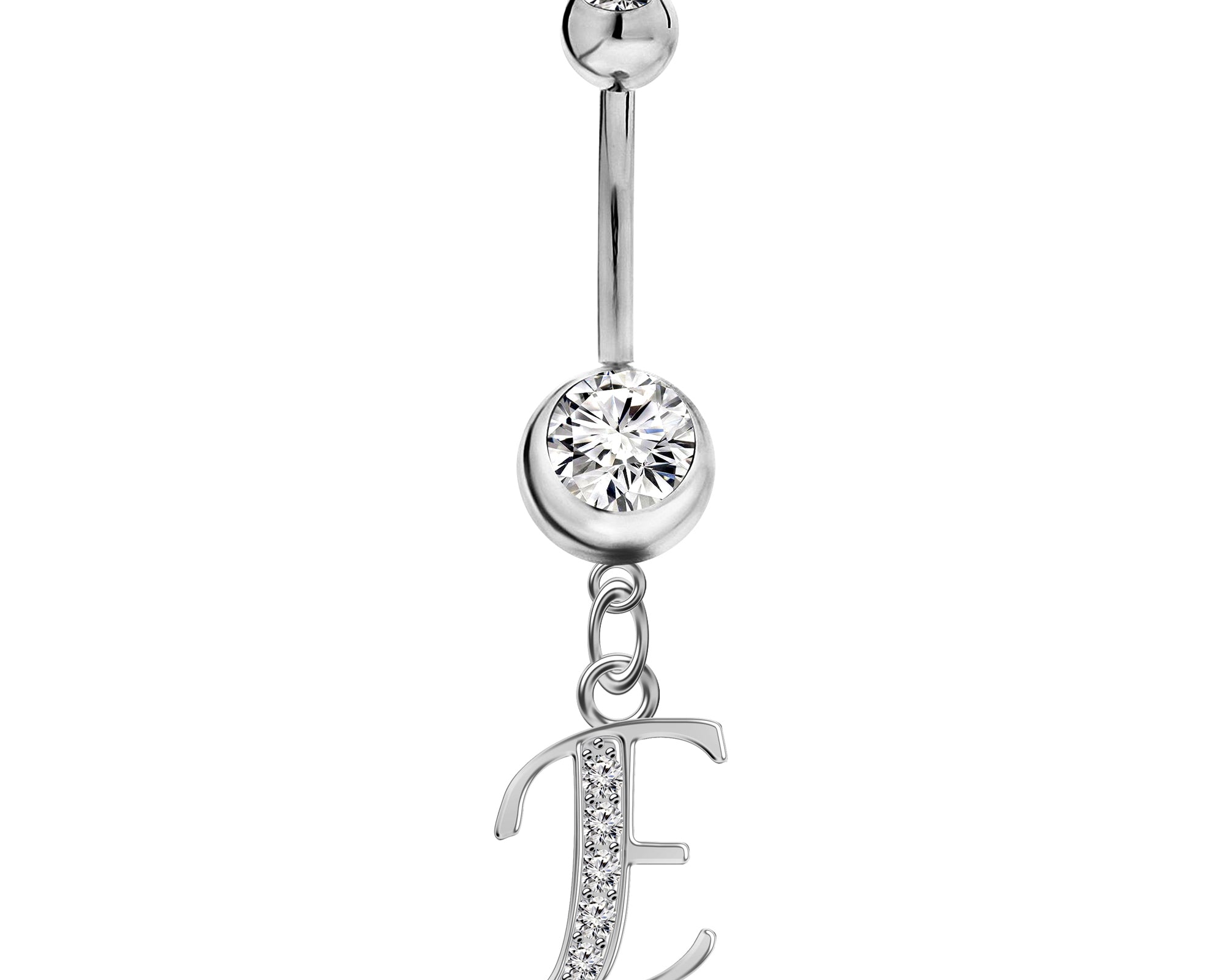 Initial Dangle Belly Button Rings with CZ Crystals in Silver Letters A to Z