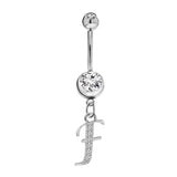 Initial Dangle Belly Button Rings with CZ Crystals in Silver Letters A to Z