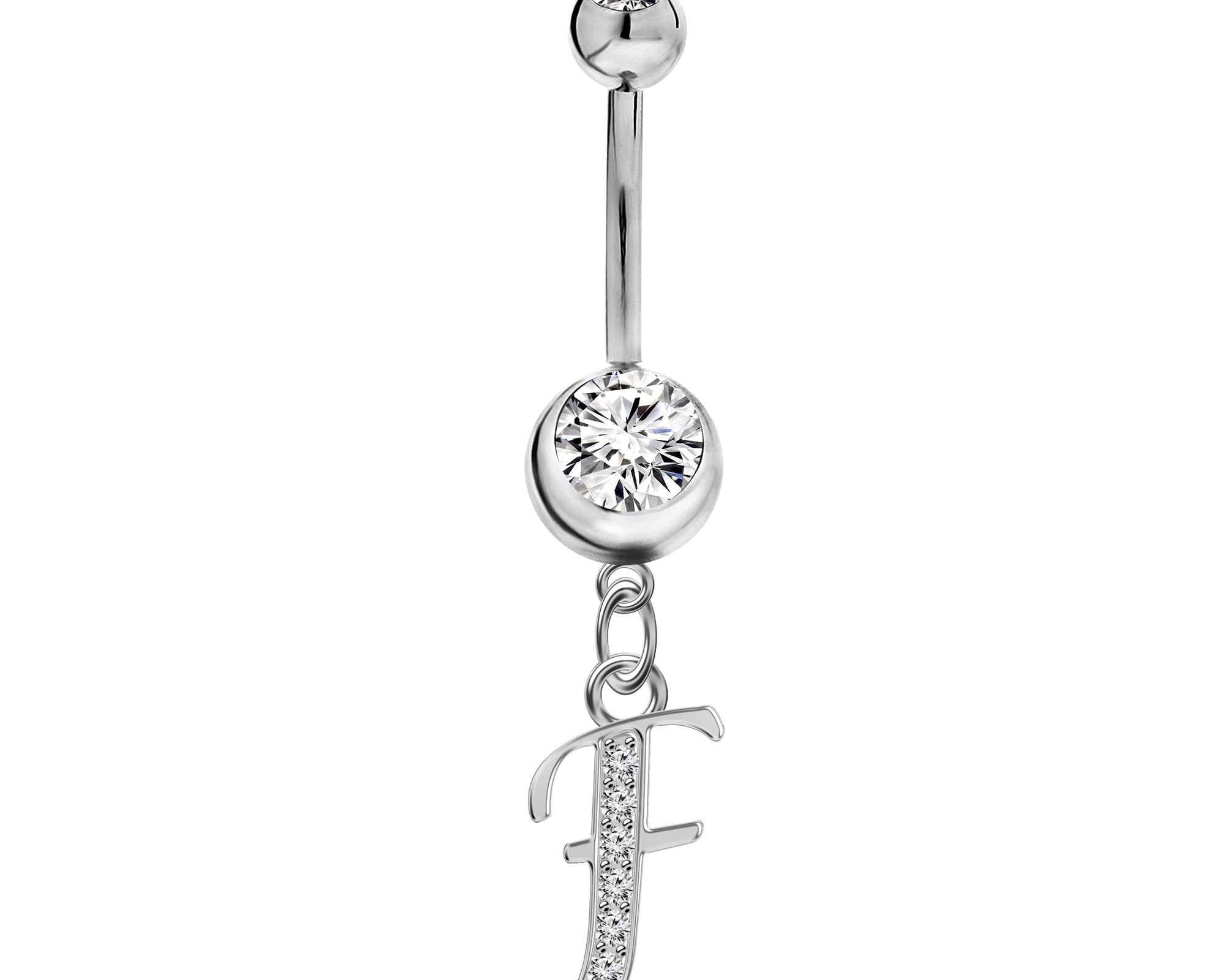 Initial Dangle Belly Button Rings with CZ Crystals in Silver Letters A to Z