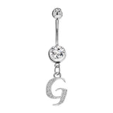 Initial Dangle Belly Button Rings with CZ Crystals in Silver Letters A to Z