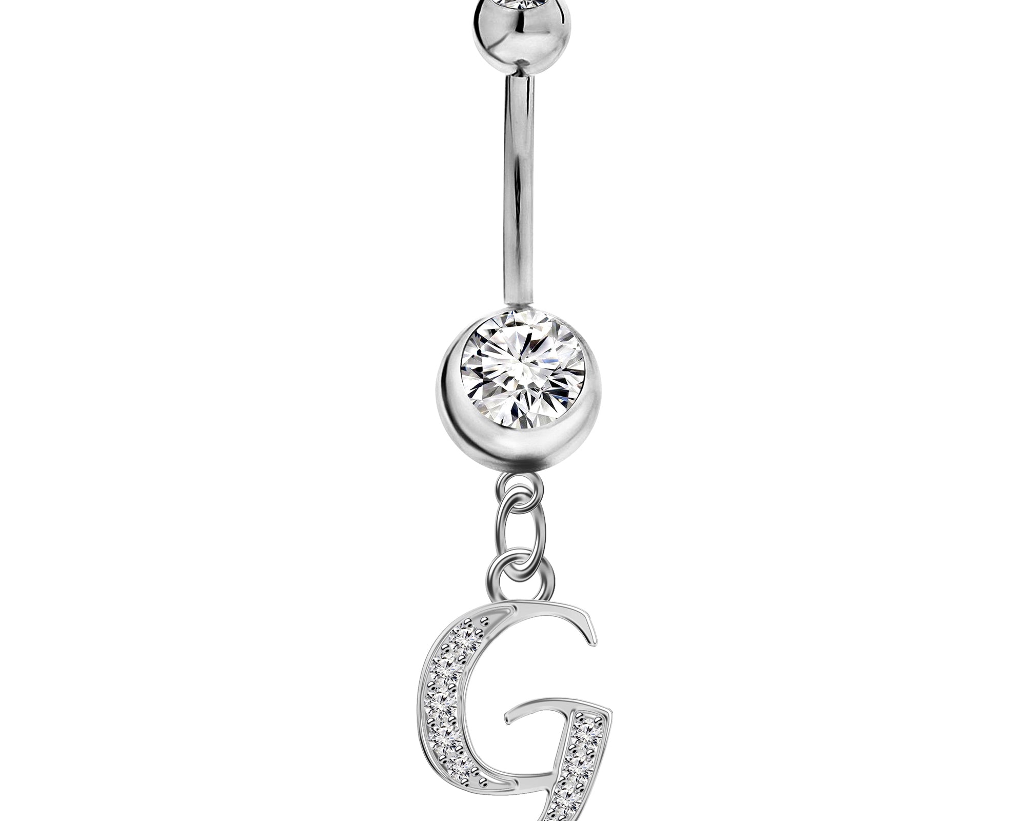 Initial Dangle Belly Button Rings with CZ Crystals in Silver Letters A to Z