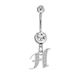 Initial Dangle Belly Button Rings with CZ Crystals in Silver Letters A to Z