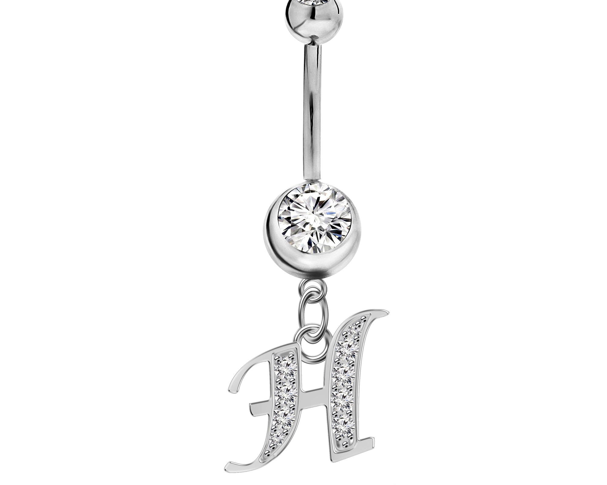 Initial Dangle Belly Button Rings with CZ Crystals in Silver Letters A to Z