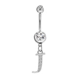 Initial Dangle Belly Button Rings with CZ Crystals in Silver Letters A to Z