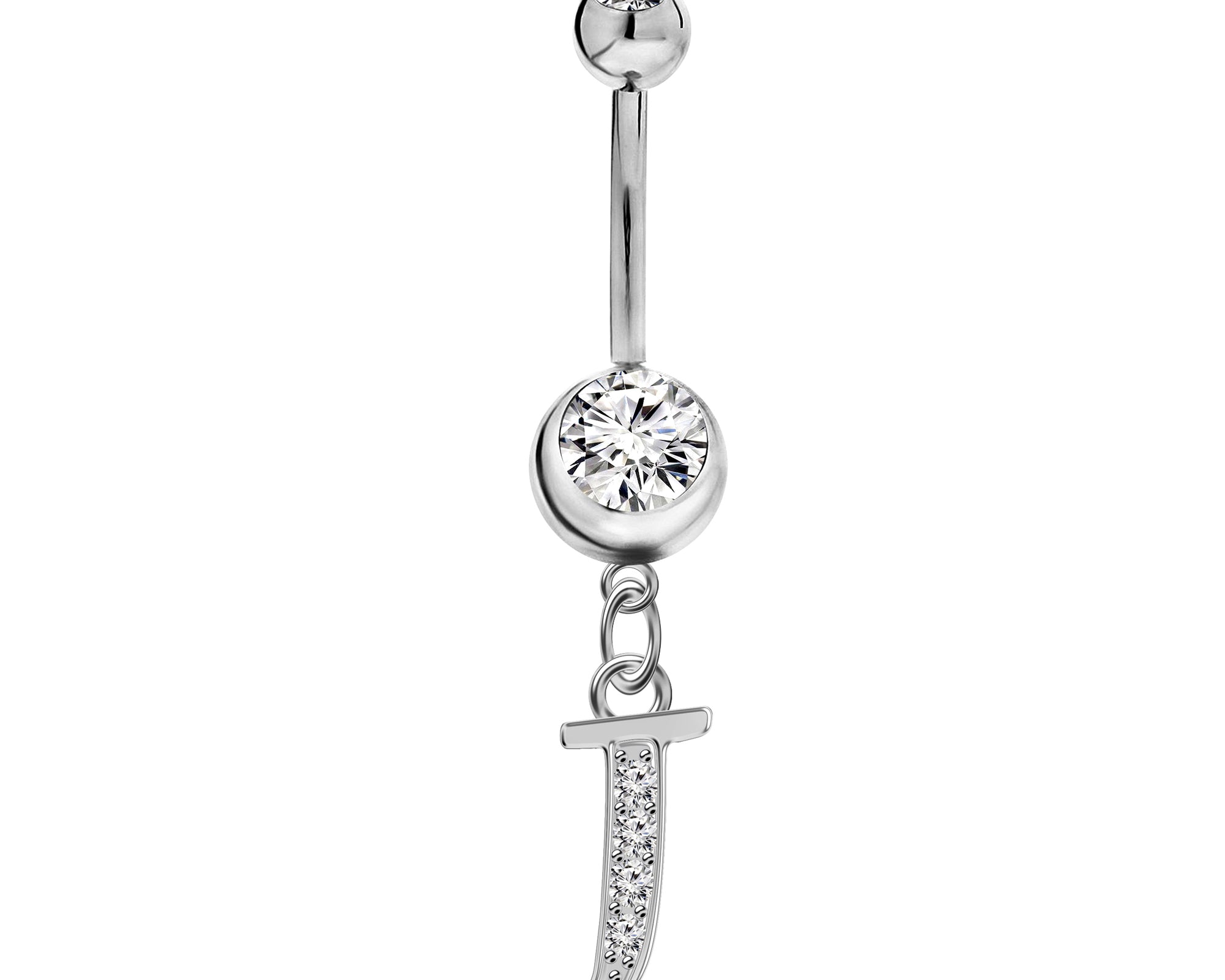 Initial Dangle Belly Button Rings with CZ Crystals in Silver Letters A to Z