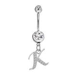 Initial Dangle Belly Button Rings with CZ Crystals in Silver Letters A to Z