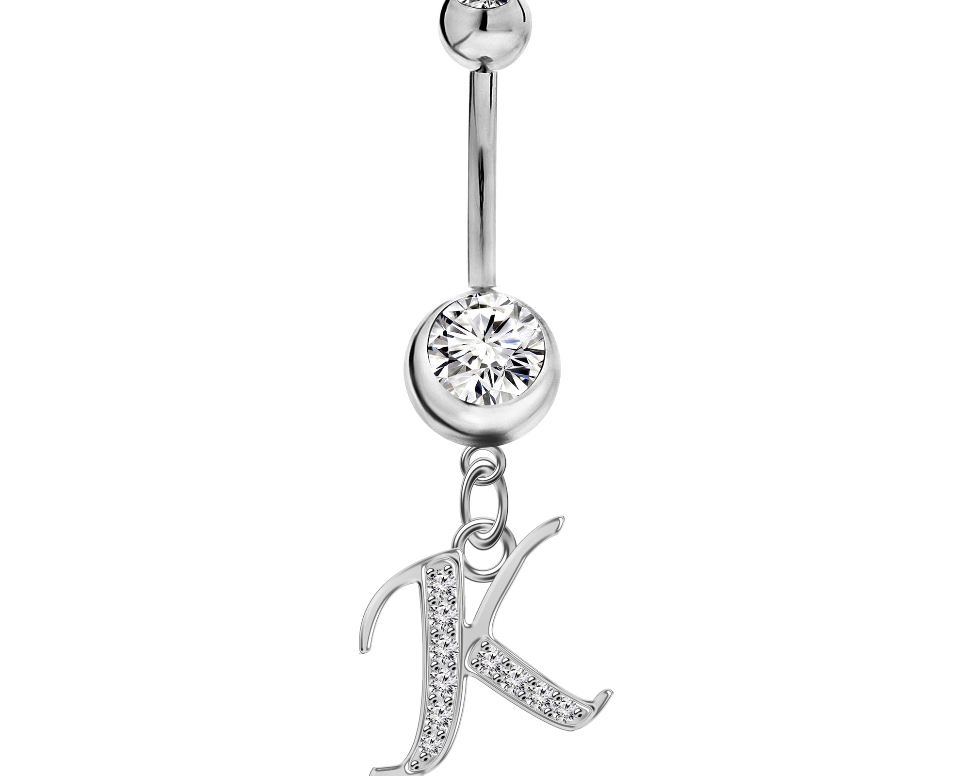 Initial Dangle Belly Button Rings with CZ Crystals in Silver Letters A to Z