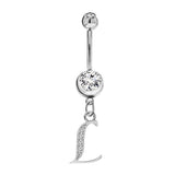 Initial Dangle Belly Button Rings with CZ Crystals in Silver Letters A to Z