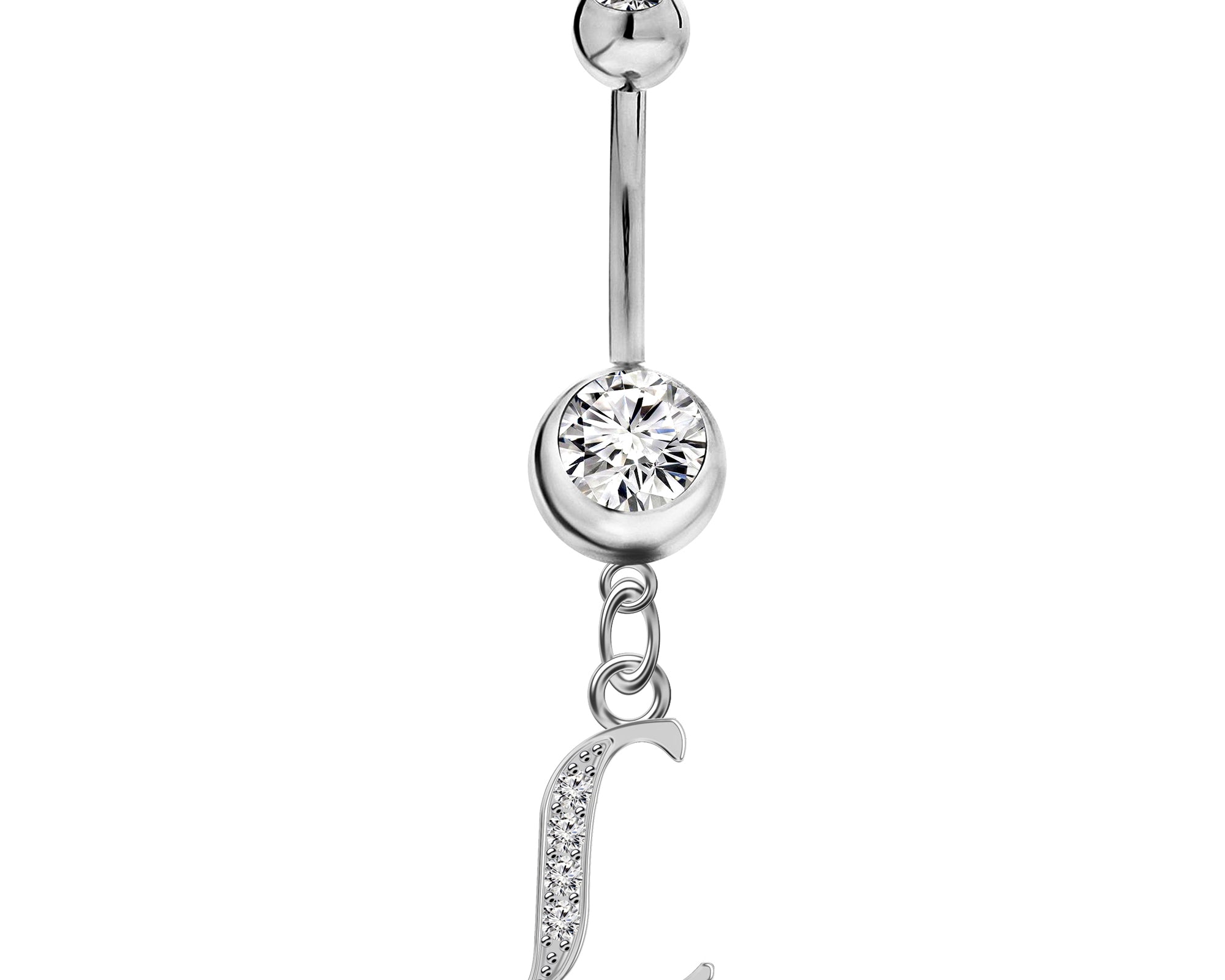 Initial Dangle Belly Button Rings with CZ Crystals in Silver Letters A to Z