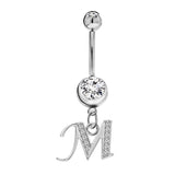 Initial Dangle Belly Button Rings with CZ Crystals in Silver Letters A to Z