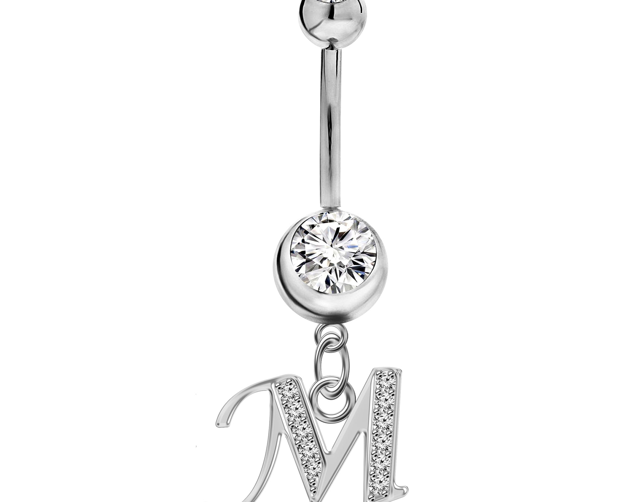 Initial Dangle Belly Button Rings with CZ Crystals in Silver Letters A to Z