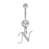 Initial Dangle Belly Button Rings with CZ Crystals in Silver Letters A to Z