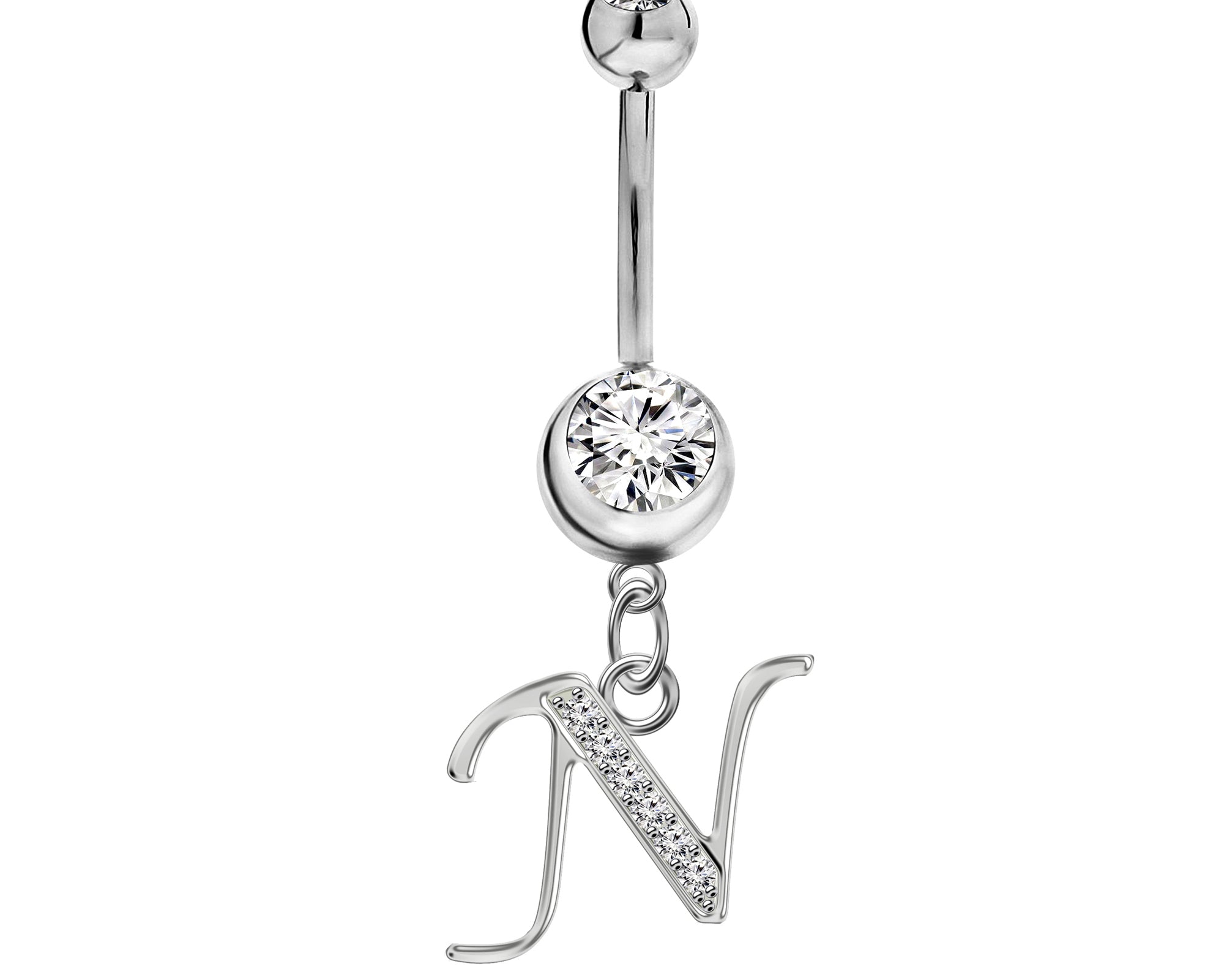 Initial Dangle Belly Button Rings with CZ Crystals in Silver Letters A to Z