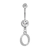 Initial Dangle Belly Button Rings with CZ Crystals in Silver Letters A to Z