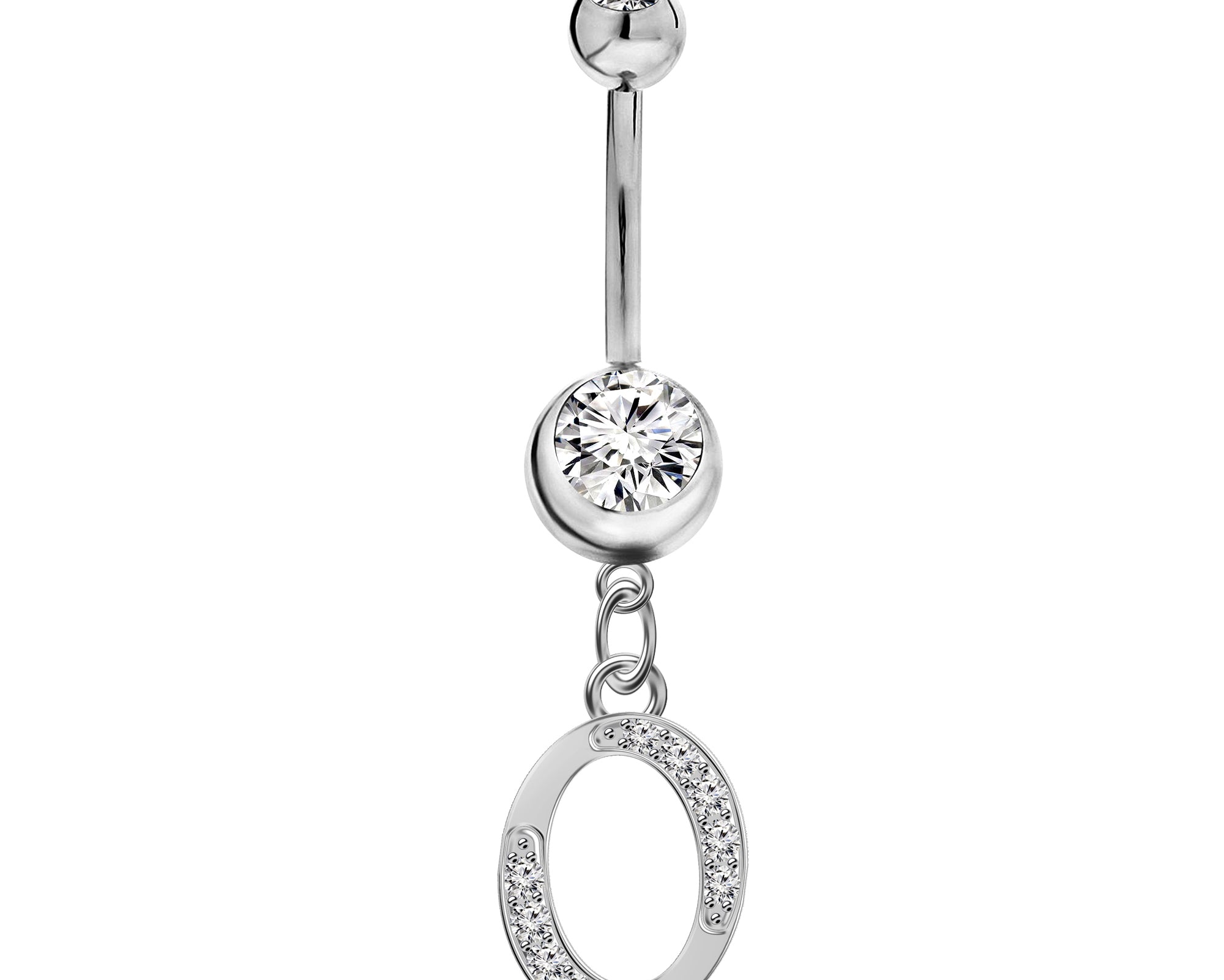 Initial Dangle Belly Button Rings with CZ Crystals in Silver Letters A to Z