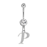 Initial Dangle Belly Button Rings with CZ Crystals in Silver Letters A to Z