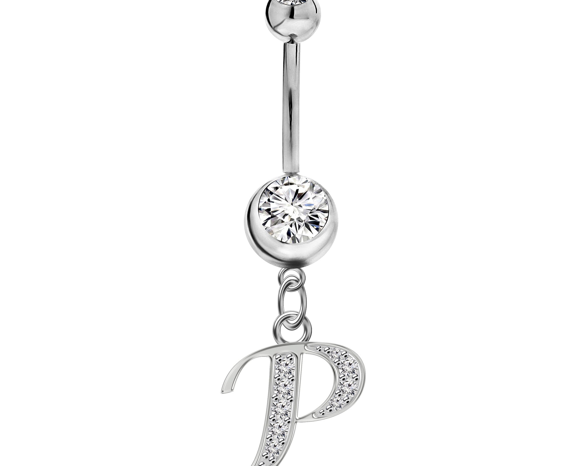 Initial Dangle Belly Button Rings with CZ Crystals in Silver Letters A to Z