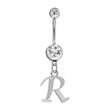 Initial Dangle Belly Button Rings with CZ Crystals in Silver Letters A to Z