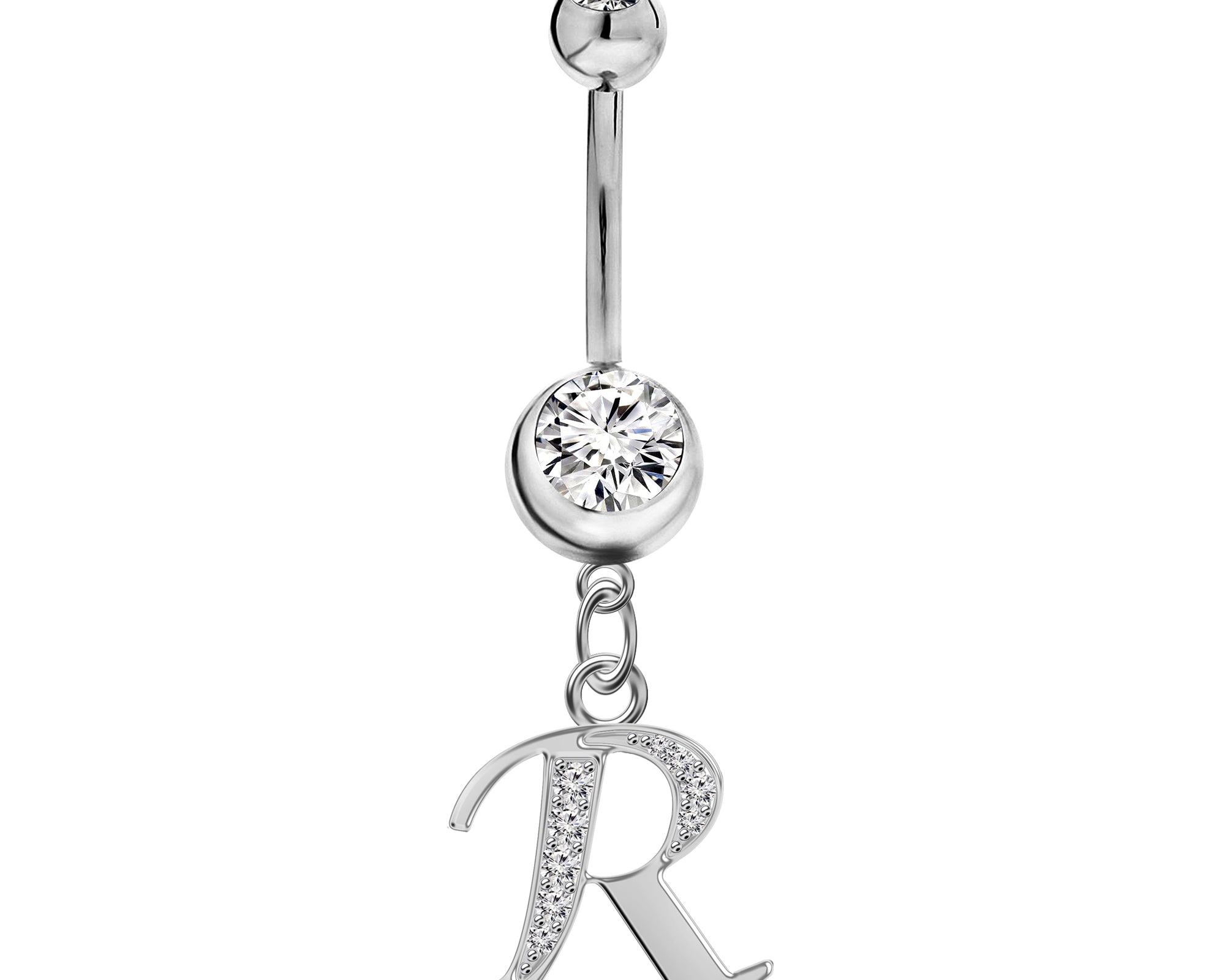 Initial Dangle Belly Button Rings with CZ Crystals in Silver Letters A to Z